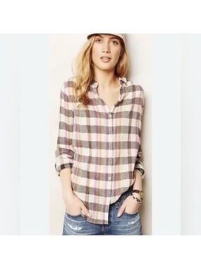 Anthropologie Isabella SInclair Long Sleeved Plaid shirt w/Crochet detail sz xs